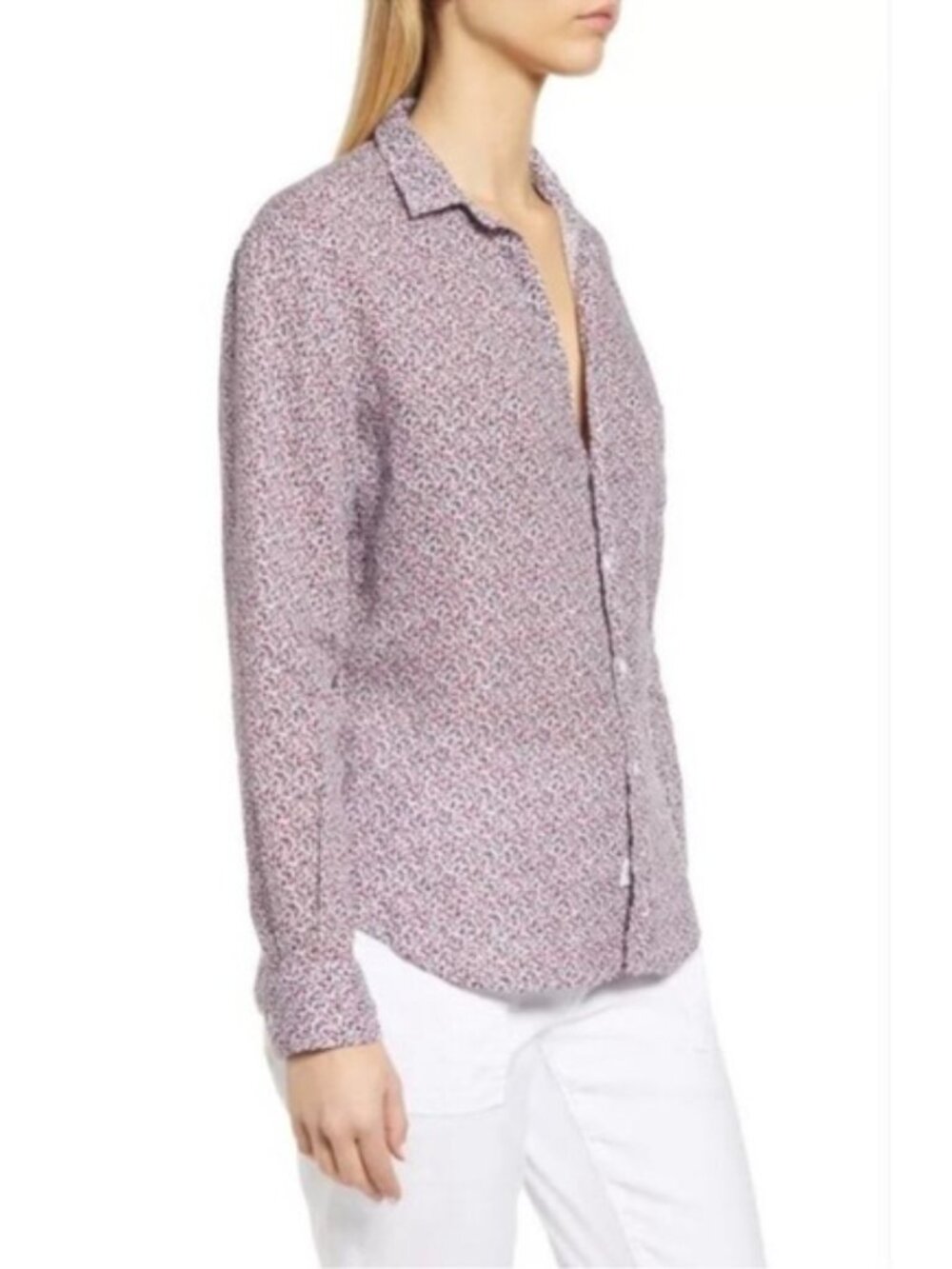 Frank & Eileen Barry Linen Shirt Button-Up Micro Floral Print Blouse Top size M